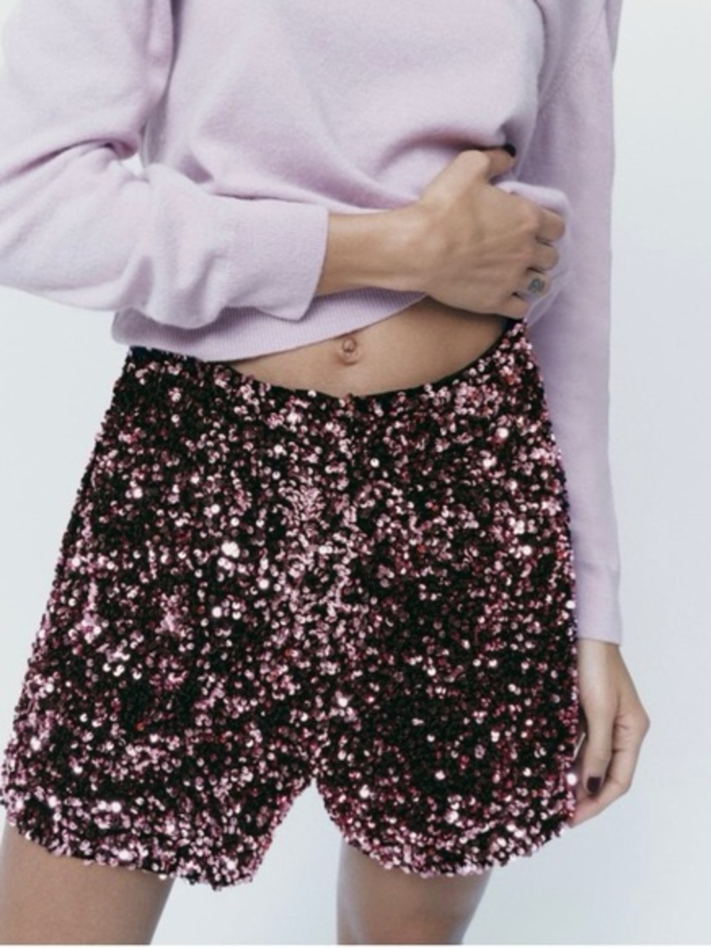 Zara Pink and Black Sequin High-Waist Shorts